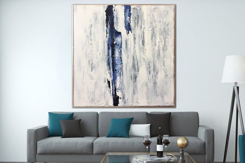 Grande peinture abstraite bleue et blanche, art mural moderne sur toile acrylique texturée