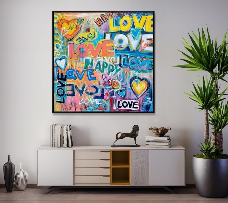Tableau mural coloré « Amour » – Peinture moderne style graffiti « AMOUR » sur toile