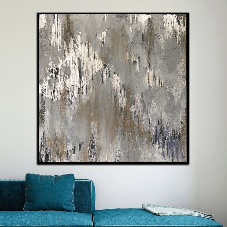 Peinture abstraite à la feuille d'argent : Toile murale moderne texturée grise