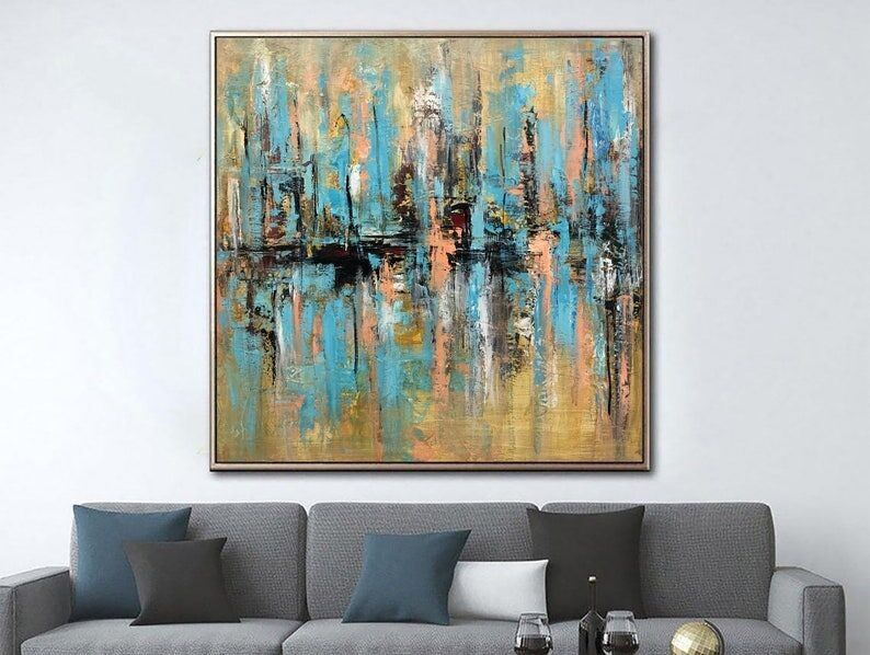 Tableau abstrait River Town : Art mural texturé représentant une ligne d'horizon, toile urbaine colorée pour une décoration moderne