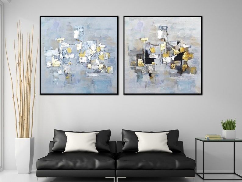 Diptyque abstrait : Ensemble de peintures à la feuille d'or et d'argent - Art mural moderne
