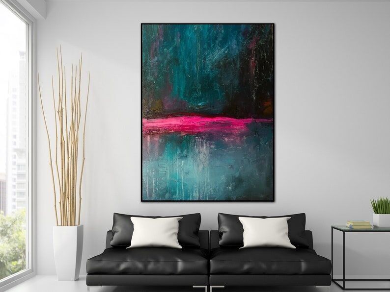 Large Abstract Oil Painting: Deep Blue & Crimson Canvas Art