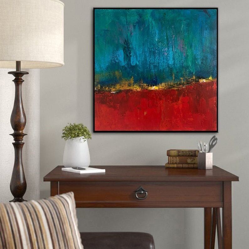 Abstract Horizon Painting: Blue & Red Golden Line Art