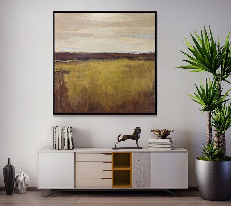 Large Abstract Landscape Painting: Golden Fields, Modern Wabi Sabi Wall Art