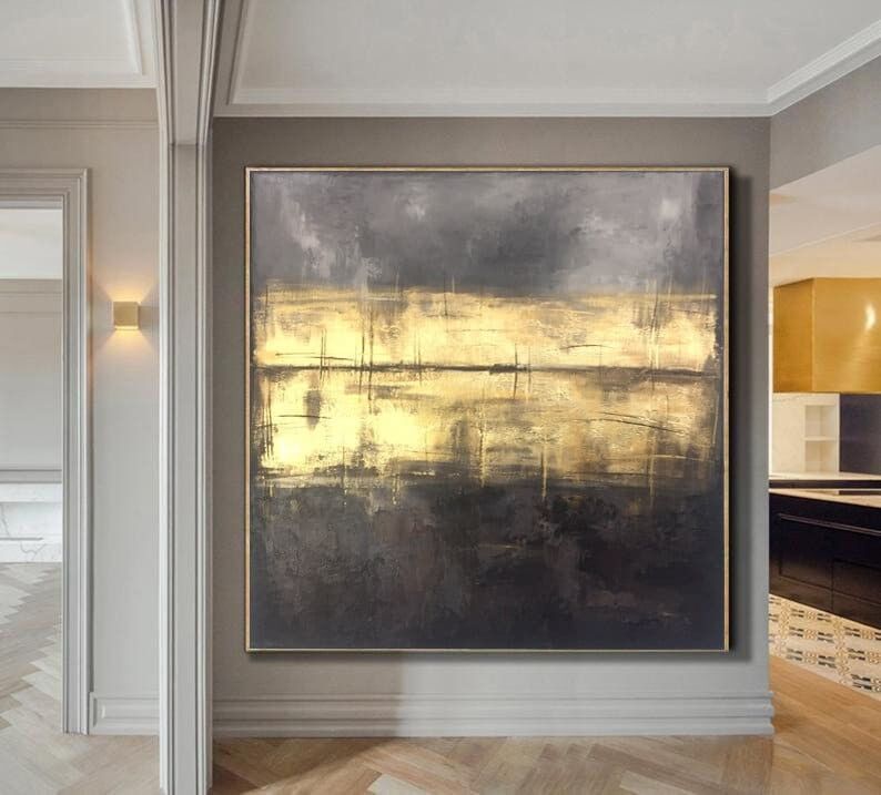 Large Gold Leaf Abstract Painting: Textured Charcoal Art