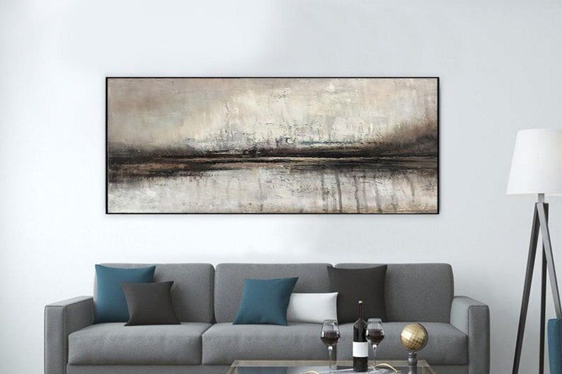 Peinture abstraite de lac : Grand paysage éthéré brun beige