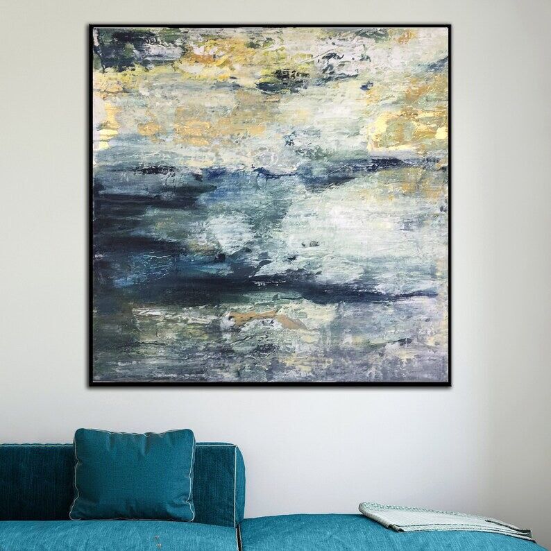 Modern Abstract Painting – Gold Leaf and Light Blue Textured Canvas Wall Decor