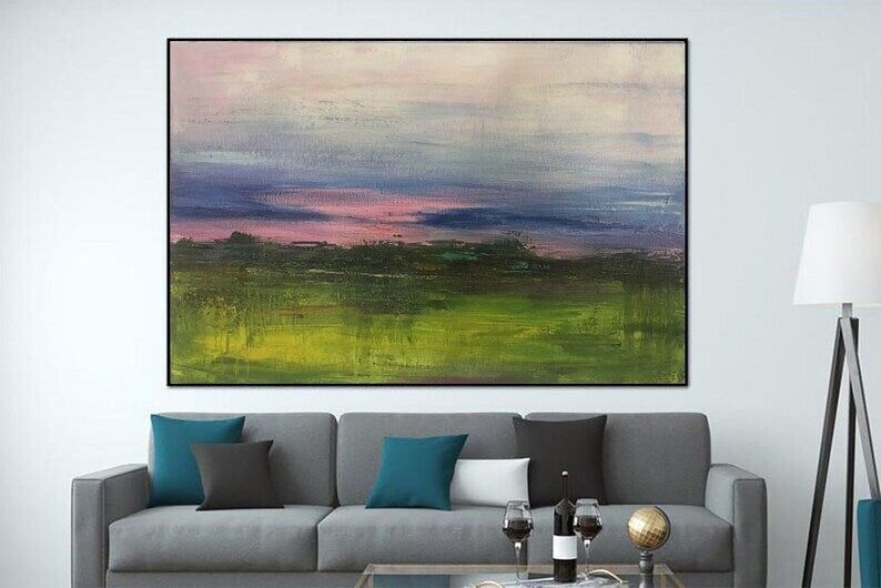 Original Meadow Landscape Painting: Acrylic Sunset Art
