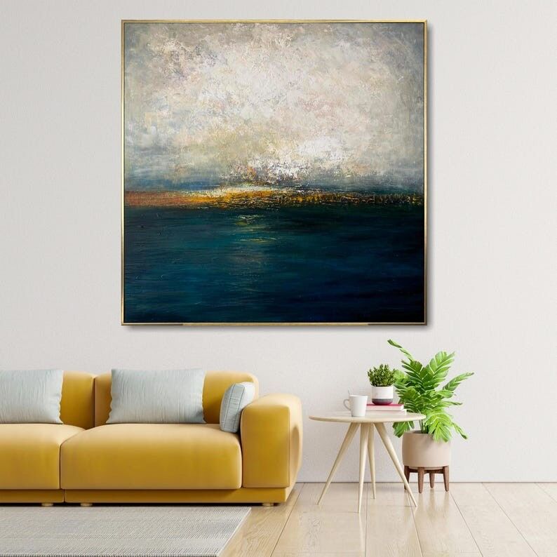 Abstract Seascape Painting – Large Blue and Gold Horizon Textured Canvas Wall Art for Modern Home Decor