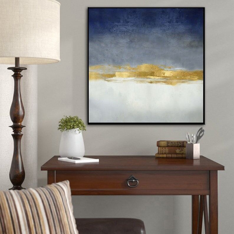 Gold Leaf Blue Abstract Canvas Painting: Large Modern Wall Art