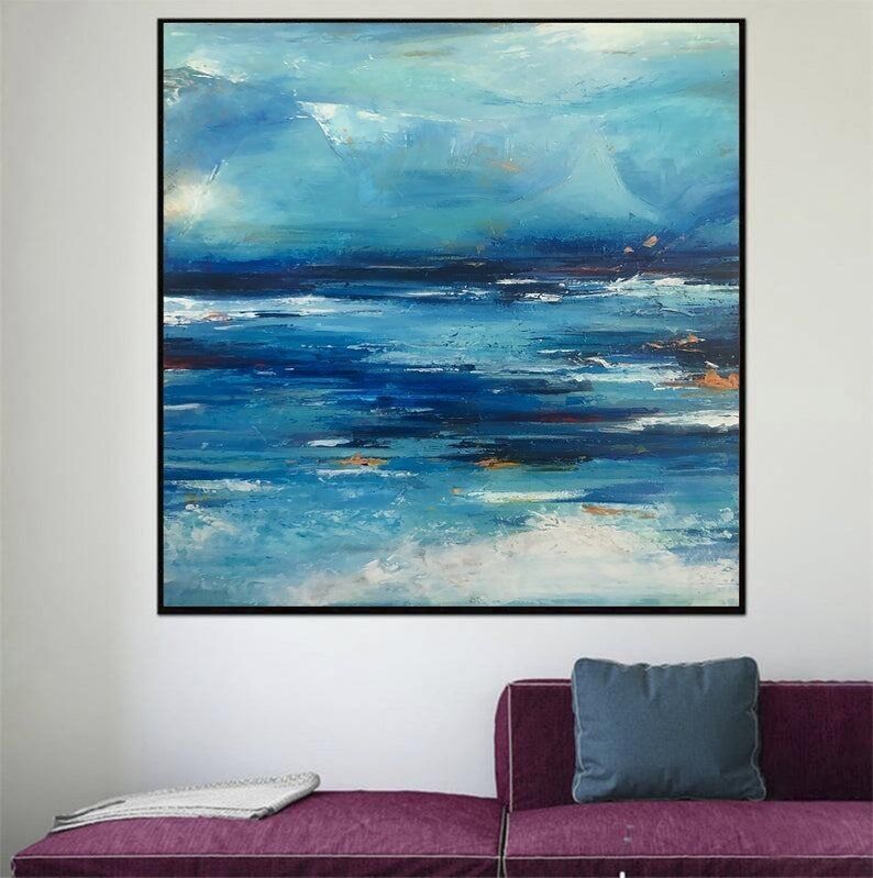 Framed Ocean Oil Painting: Turquoise Blue Waves, Modern Abstract Art