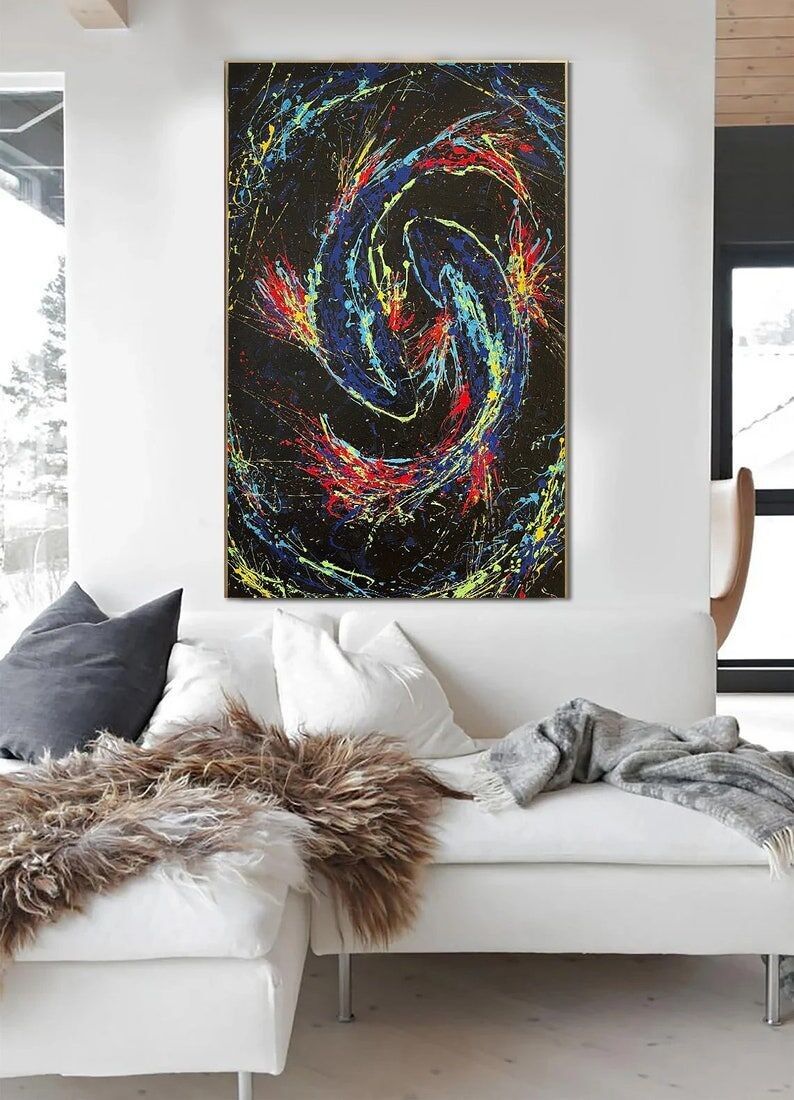 Large Electric Fishes Abstract Painting – Neon Blue & Red Nautical Canvas Wall Art