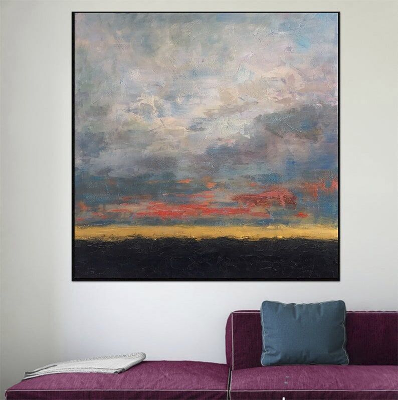 Peinture à l'huile abstraite d'un coucher de soleil sur toile : Art moderne de l'horizon