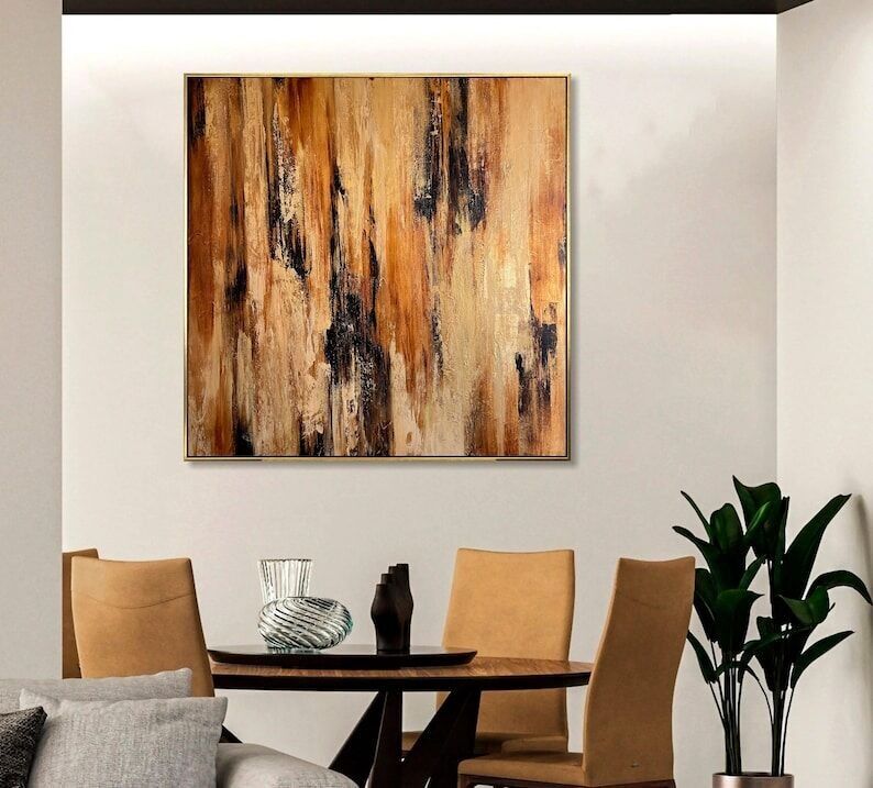 Grande peinture abstraite aux tons naturels – Toile texturée or et marron – Décoration murale moderne