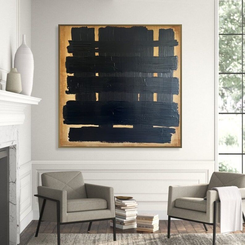 Tableau abstrait noir et or sur toile, peinture texturée minimaliste, décoration murale moderne et luxueuse