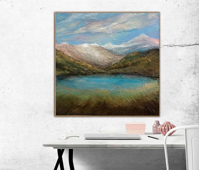 Original Mountain Lake Oil Painting: Textured Landscape Art