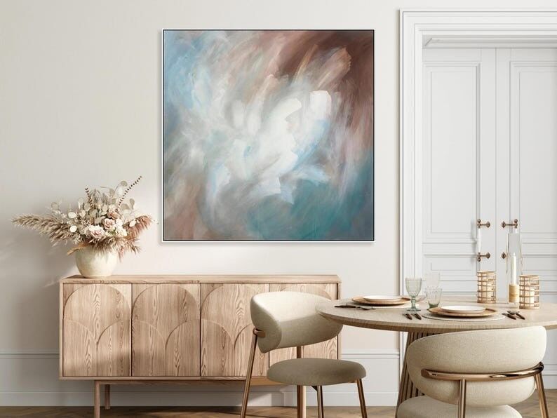 Abstract Beige and Aqua Blue Painting Modern Neutral Wall Art for Living Room Decor
