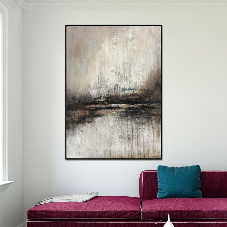 Grande peinture à l'huile abstraite : art moderne en noir et blanc sur toile