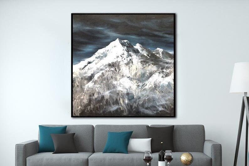 Abstract Mountain Painting – Textured Snowy Winter Landscape Wall Art