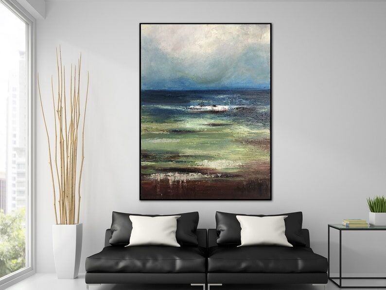 Tableau texturé de paysage marin – Grande toile abstraite représentant un océan côtier, décoration bleue apaisante