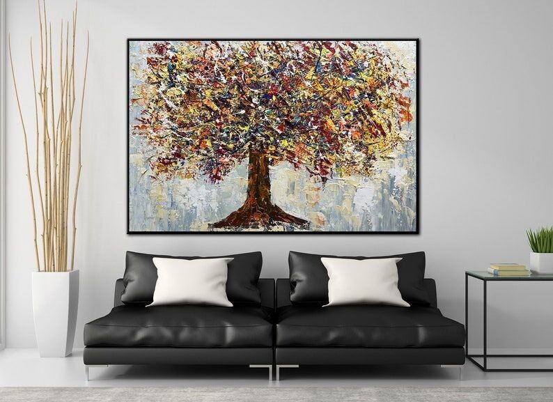 Original Colorful Tree Painting: Modern Abstract Palette Knife Art