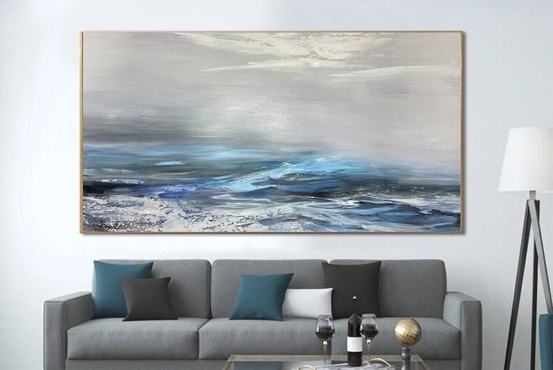Grande peinture de vagues océaniques : art abstrait moderne sur toile représentant une mer.