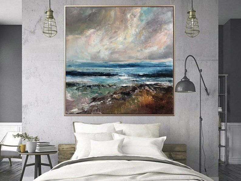 Tableau abstrait d'horizon océanique – Toile texturée représentant un paysage côtier