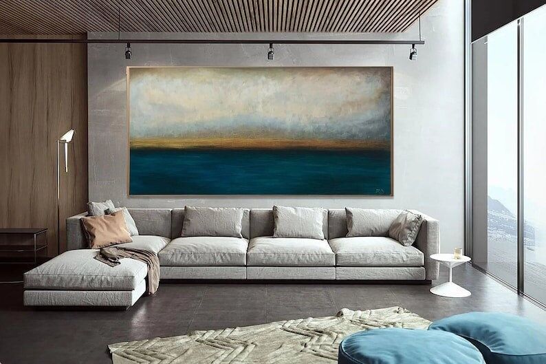 Peinture abstraite de paysage marin – Toile Horizon turquoise et or, Décoration murale Océan côtier