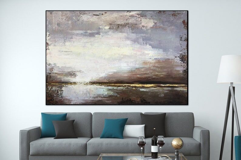 Grand tableau mural paysage aux tons naturels – Peinture abstraite neutre et apaisante sur toile, décor moderne texturé