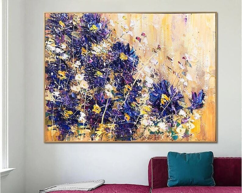Tableau abstrait floral – Grande toile texturée et colorée représentant des fleurs, idéale pour une décoration moderne inspirée par la nature