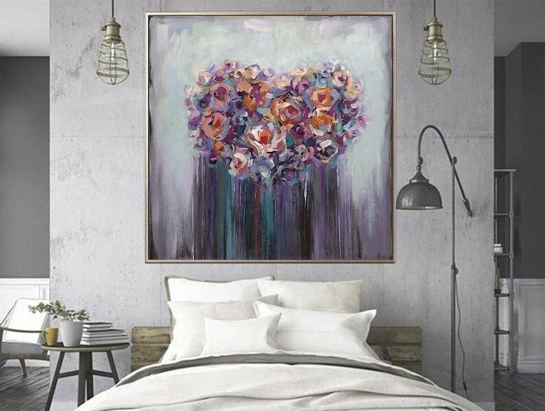 Tableau abstrait en forme de cœur floral – Art texturé de bouquet impressionniste, décoration murale romantique et moderne sur toile