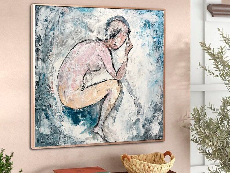 Grande peinture à l'huile originale abstraite représentant un nu féminin, style minimaliste contemporain, sur toile. Décoration figurative moderne pour la maison ou le bureau.