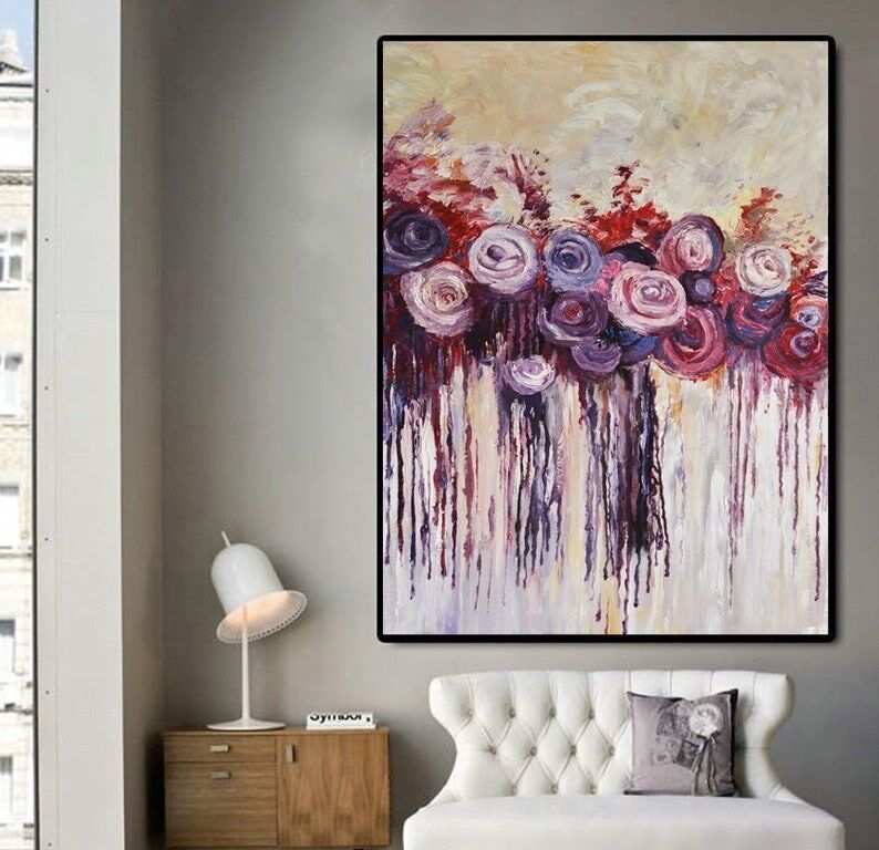 Abstract Floral Drip Painting: Crimson Purple Blooms, Modern Wall Art