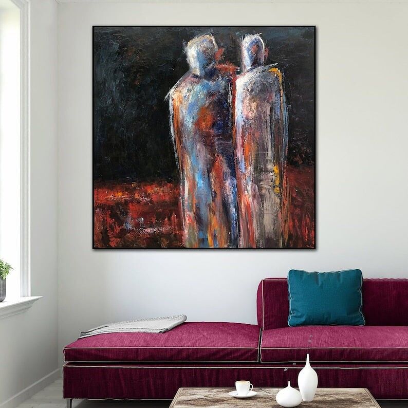 Peinture abstraite de couple : Art figuratif acrylique texturé