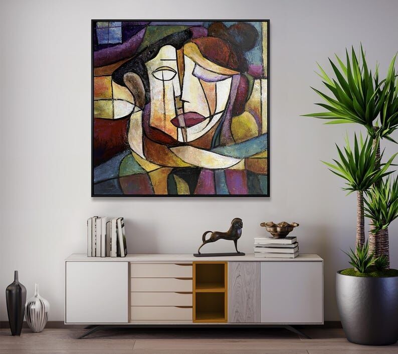 Cubist Couple Painting – Abstract Love Expression Modern Canvas Wall Art