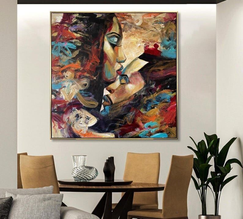 Lovers Painting Abstract – Romantic Couple Modern Canvas Wall Art Decor