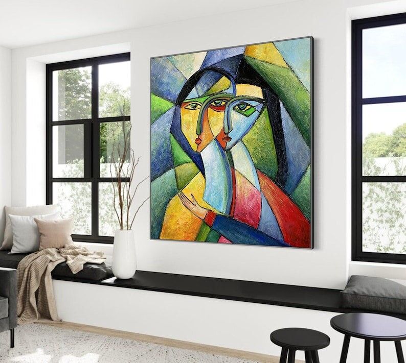 Cubist Couple Painting – Colorful Abstract Modern Canvas Wall Art Decor