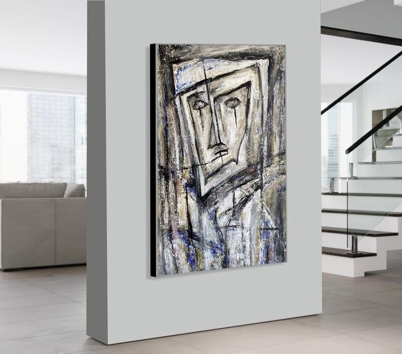 Peinture abstraite cubiste de visage – Tableau moderne sur toile en noir et blanc
