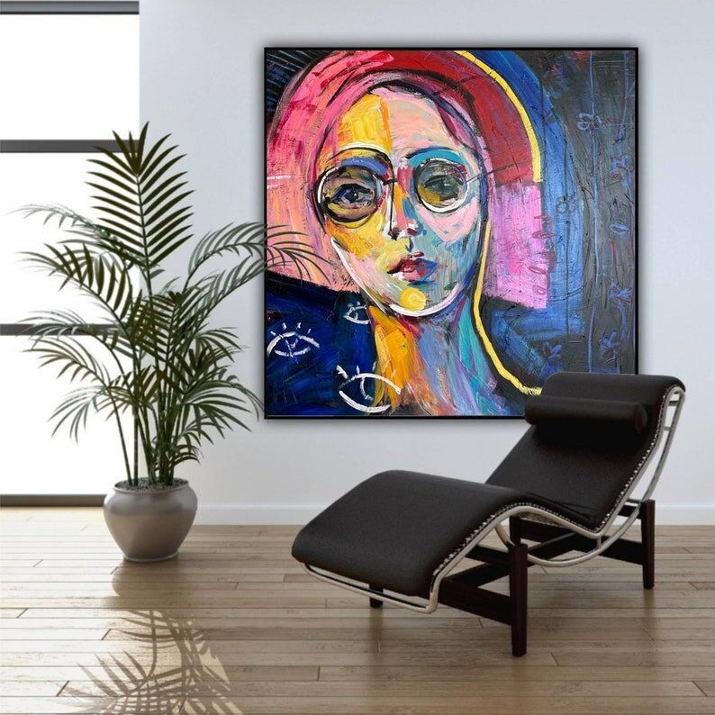 Tableau abstrait de femme à lunettes : Art mural moderne encadré