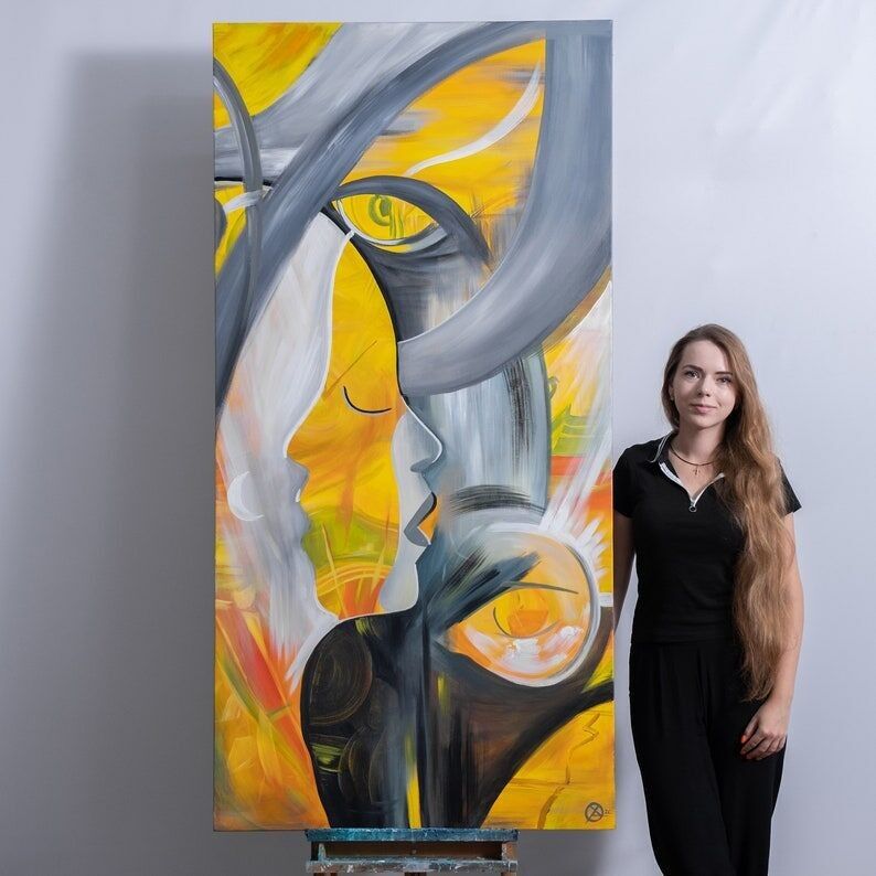 Grand portrait abstrait : art figuratif moderne, jaune et gris