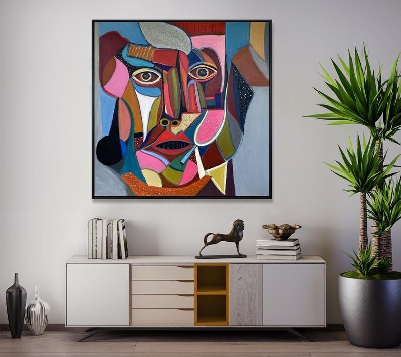 Peinture de visage cubiste – Portrait moderne abstrait et coloré sur toile