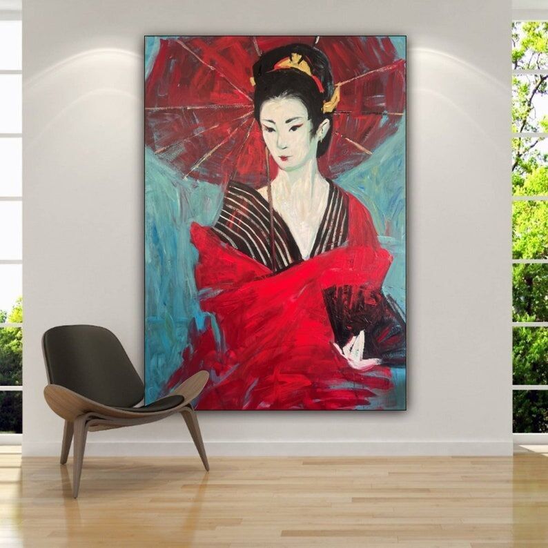 Art mural asiatique – Geisha abstraite en kimono rouge, peinture à l'huile japonaise peinte à la main