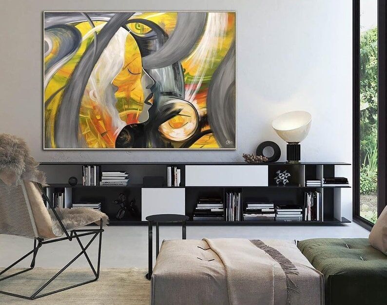 Peinture à l'huile abstraite d'un visage : silhouette jaune et grise, art figuratif