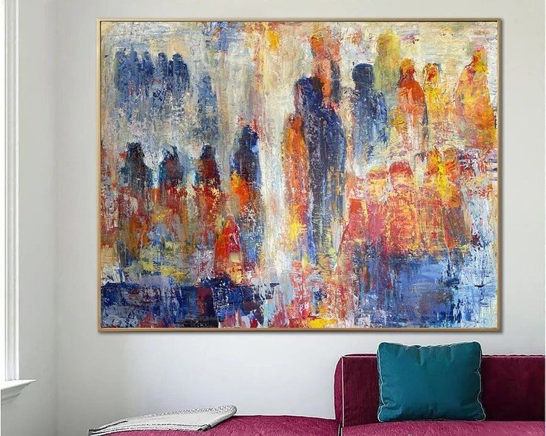 Grande peinture à l'huile abstraite de personnages : art figuratif texturé