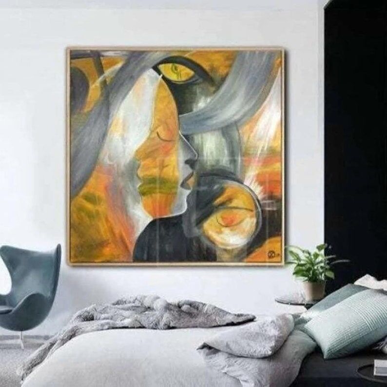 Grande peinture abstraite de visages : art figuratif moderne sur toile