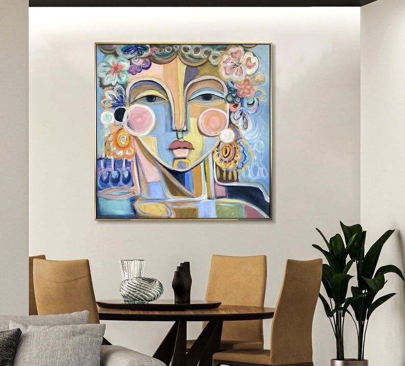 Peinture de portrait abstrait coloré, style cubiste moderne, art mural