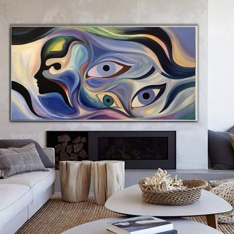 Abstract Surreal Painting with Eyes – Large Modern Face Art on Canvas for Wall Decor