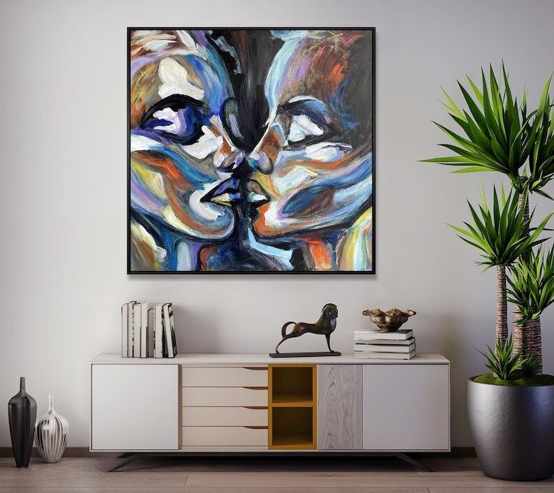 Abstract Couple Kiss Painting, Large Colorful Romantic Canvas Wall Art for Modern Home Decor