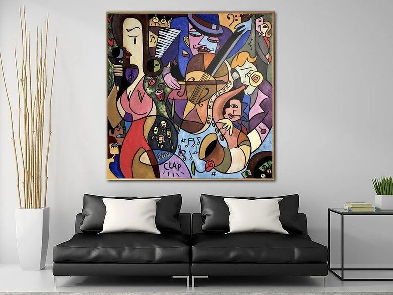 Cubist Jazz Painting – Colorful Abstract Music Wall Art on Canvas for Modern Home Decor