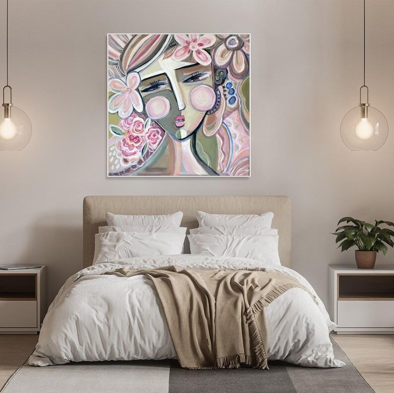 Abstract Portrait Painting – Feminine Pastel Floral Face Canvas Wall Art